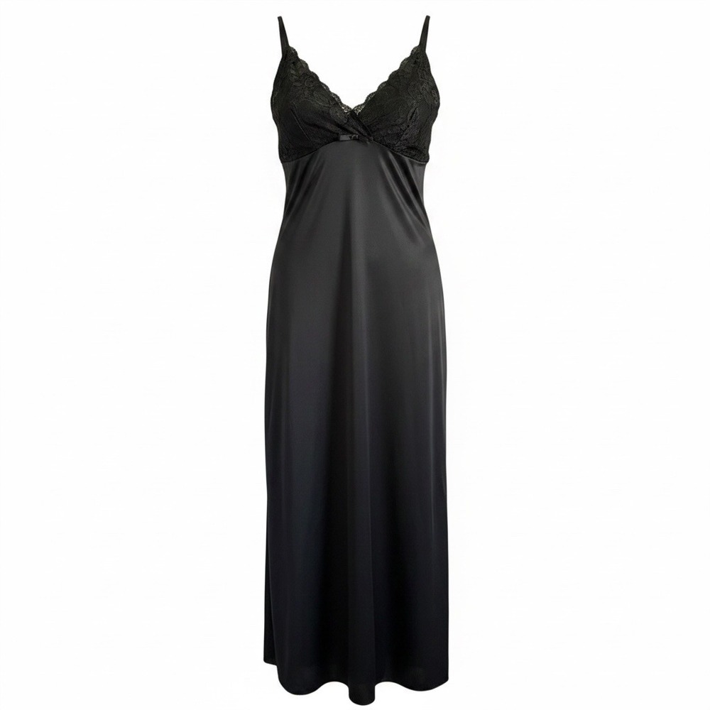 Cinema Etoile Nightgown Vtg Womens L Black Lace Bodice Satin Maxi Whimsi Goth